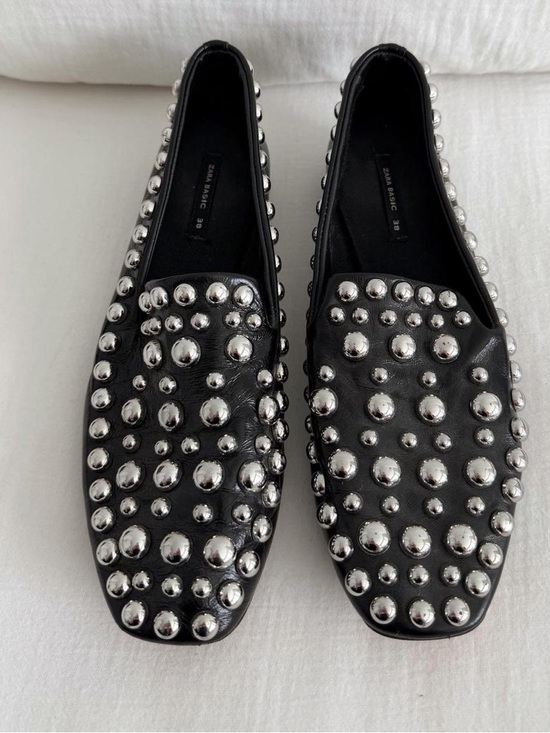 Zara Shoes - Zara Black Leather Silver Studded Loafers